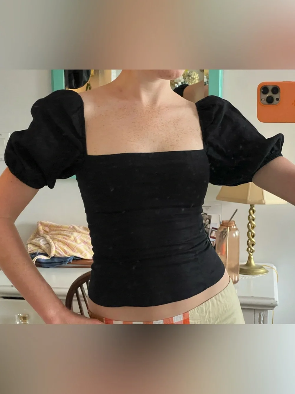Reformation linen Black Square Neck Puff Sleeve Top